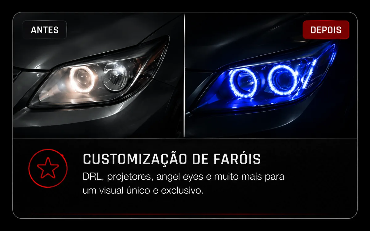 Customização de faróis: comparação antes e depois com iluminação personalizada.